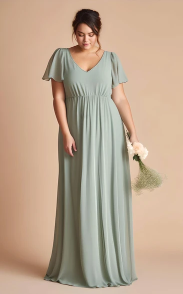Modest Elegant Plus Size Sheath Bridesmaid Dress Short Sleeve V-neck Floor-length