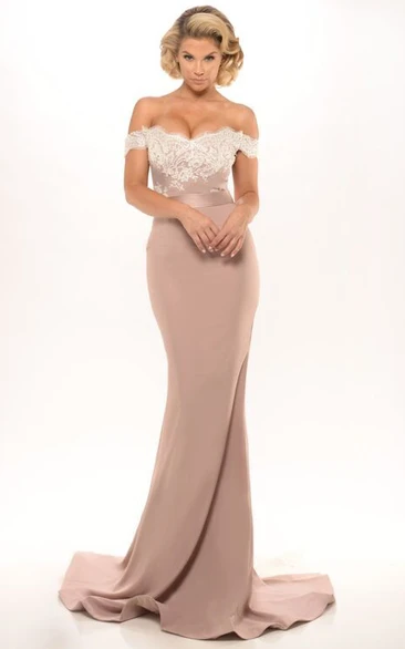 Mermaid Floor-Length Off-The-Shoulder Appliqued Jersey Prom Dress With Backless Style And Sweep Train