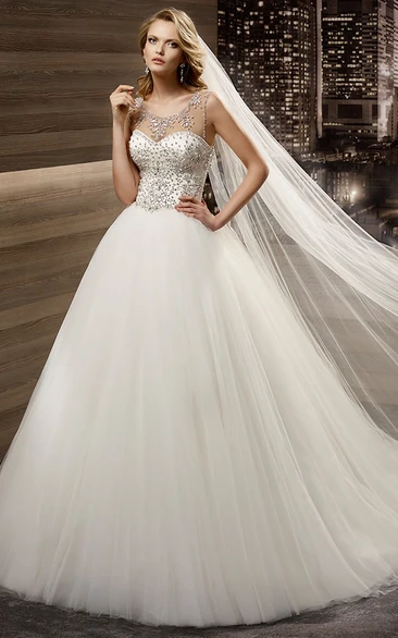 Jewel-Neck Brush-Train A-Line Gown With Beaded Bodice And Cap Sleeves