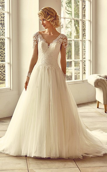 V-Neck Maxi Appliqued Cap-Sleeve Tulle&Lace Wedding Dress