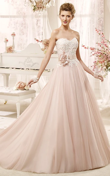 Lovely Strapless A-line Wedding Dress with Flower Sash and Pleated Skirt