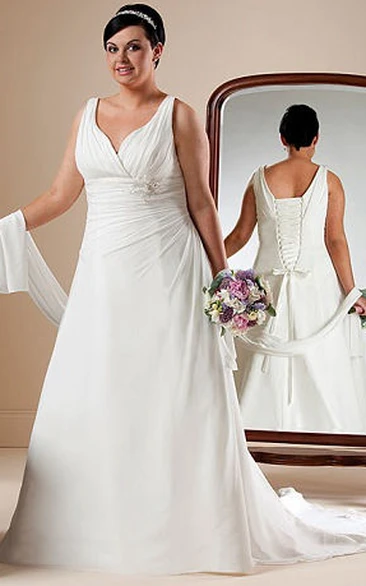Lace-up A-line Bridal Gown With Shawl And Waist Flower