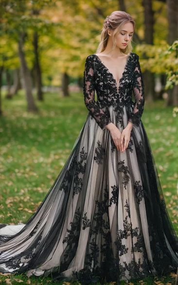 Black Tulle Elegant Long Sleeve Deep V Neck Open Back A line Garden Wedding Gown Court Train with Lace Applique