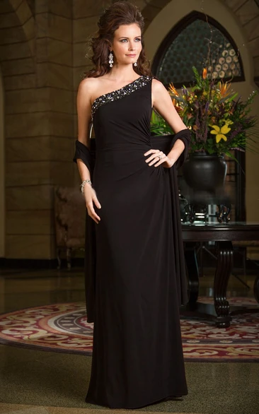 One-Shoulder Long Mother Of The Bride Dress With Crystal Neckline And Shawl
