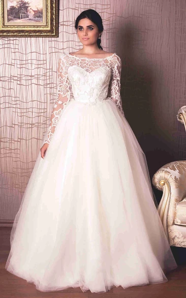 Bateau Floor-Length Lace Long-Sleeve Tulle Wedding Dress