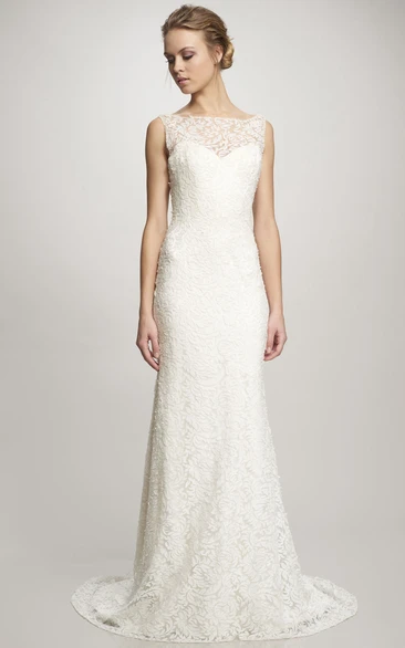 Bateau Long Lace Wedding Dress With Sweep Train And Illusion