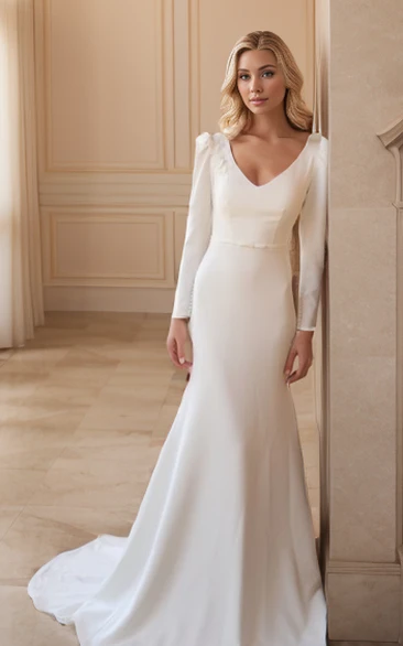 Gorgeous Scalloped Neckline Long Sleeve Belt Back Low-V Satin Solid Winter Mermaid Trailing Bridal Gown