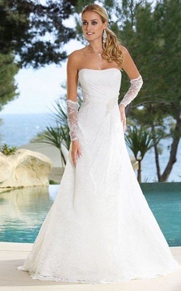A-Line Floor-Length Draped Strapless Lace Wedding Dress With Broach