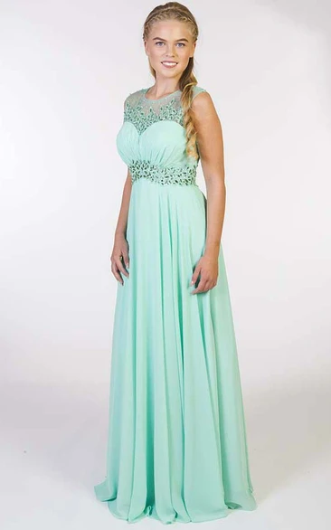 A-Line Sleeveless Crystal Long Scoop-Neck Chiffon Prom Dress With Pleats