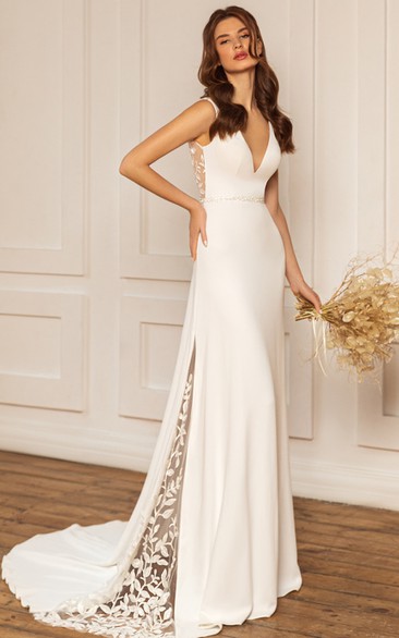 Elegant Satin V-neck Sheath Sleeveless Sweep Train Floor-length Low-V Back Wedding Dress