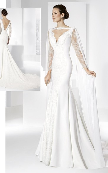 Trumpet Long-Sleeve Maxi Bateau-Neck Lace Wedding Dress With Appliques And V Back
