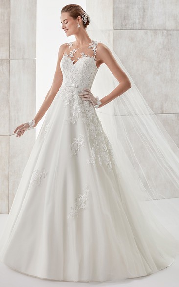 Jewel-neck A-line Illusive Wedding Dress with Lace Appliques and Satin Sash