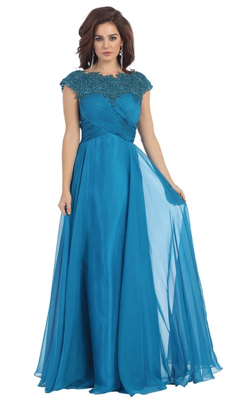 A-Line Long Jewel-Neck Cap-Sleeve Chiffon Illusion Dress With Criss Cross And Embroidery