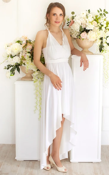 Convertible Simple V-neck A Line Jersey Bridesmaid Dress With Open Back And Sash