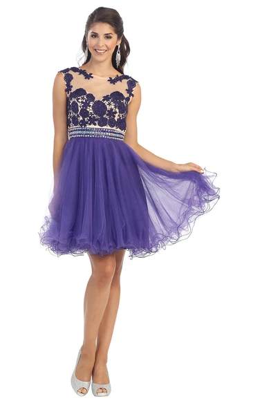 A-Line Short Scoop-Neck Sleeveless Tulle Illusion Dress With Appliques And Pleats