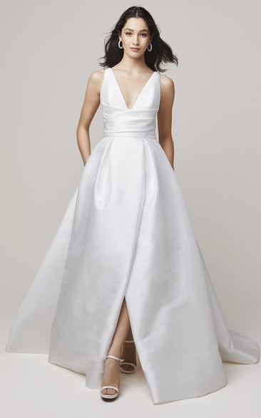 Sexy A Line Satin V-neck Wedding Gown with Split Front