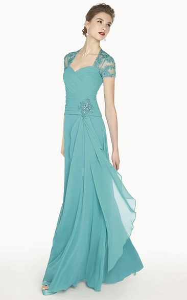 Queen Anne A-Line Chiffon Long Prom Dress With Appliques And Illusion Back