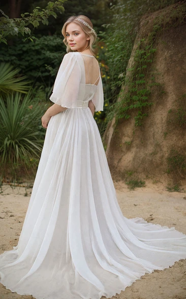 Vintage Elegant Chiffon Floor-length A-Line V-neck Wedding Dress Simple Solid Half Sleeve Backless Zipper Bridal Gown