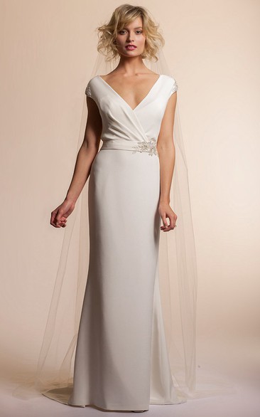 Floor-Length V-Neck Jeweled Cap-Sleeve Chiffon Wedding Dress