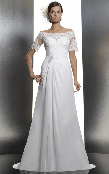 Sheath Short-Sleeve Off-The-Shoulder Appliqued Floor-Length Chiffon Wedding Dress With Beading And Broach