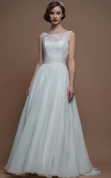 A-Line Maxi Appliqued Bateau Sleeveless Wedding Dress With Sweep Train And Low-V Back
