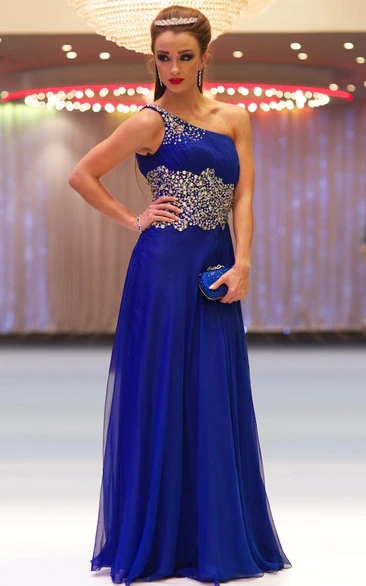 Sheath Floor-Length One-Shoulder Ruched Chiffon Prom Dress With Beading
