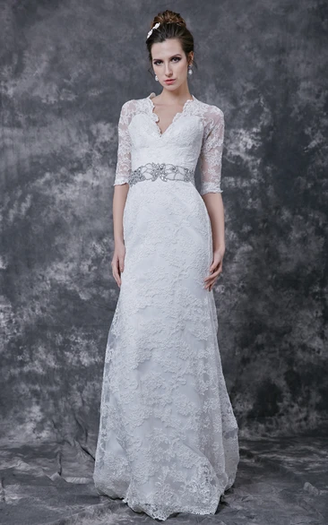 Stylish 3 4 Sleeve Long Lace Dress With Crystal Embellished Waist