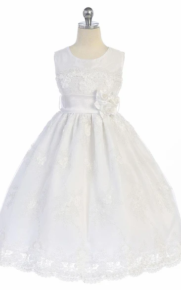 Appliqued Floral Tulle&Lace Flower Girl Dress With Sash