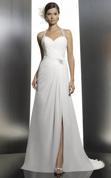 A-Line Halter Floor-Length Sleeveless Ruched Chiffon Wedding Dress With Split Front