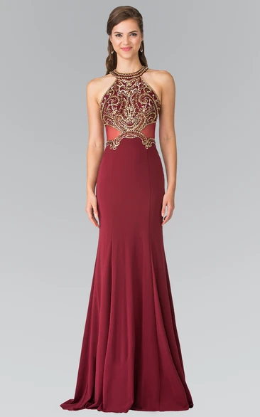 Sheath Long Scoop-Neck Sleeveless Jersey Illusion Dress With Sequins And Beading