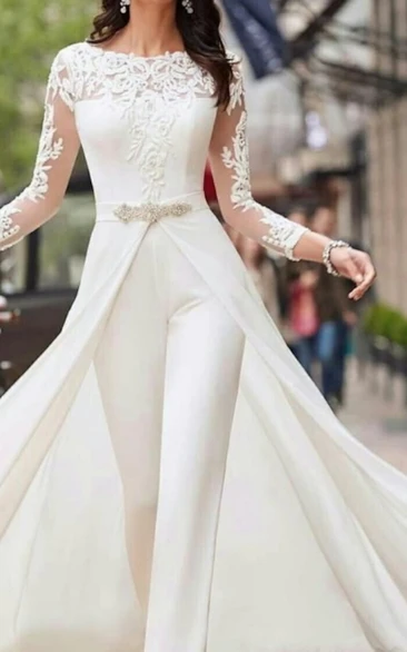 Elegant Satin Wedding Jumpsuit Illusion Sleeves Romantic Garden Bateau Neckline Dress