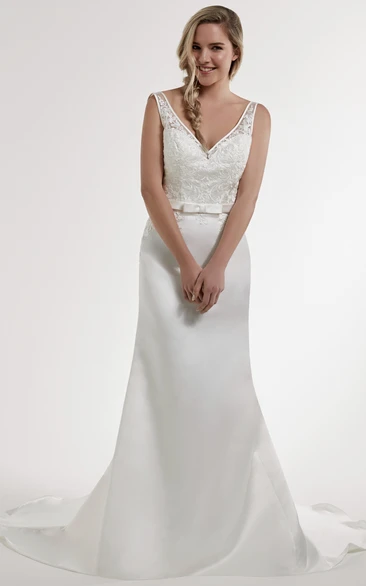Sheath Floor-Length V-Neck Appliqued Sleeveless Satin Wedding Dress With Low-V Back And Court Train