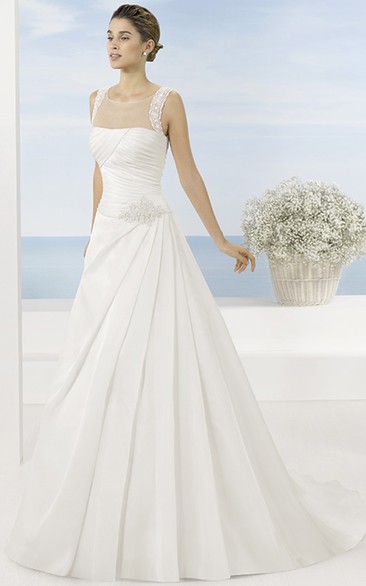 A-Line Sleeveless Floor-Length Scoop Draped Satin Wedding Dress With Beading And Waist Jewellery
