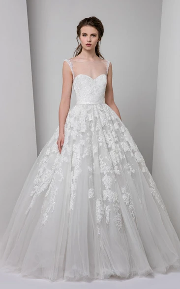 A-Line Ball-Gown Sleeveless Floor-Length Appliqued Bateau Tulle Wedding Dress With Illusion Back And Ruffles