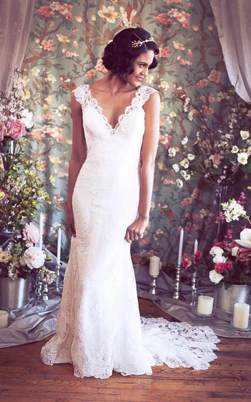 Long Cap Sleeves Mermaid Lace Wedding Gown With V-Neck