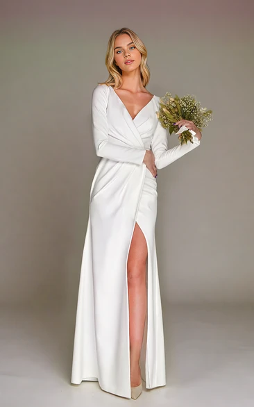 Split Sexy Simple Floor-length Long Sleeve V-neck Sheath Reception Wedding Bride Dress Zipper Back