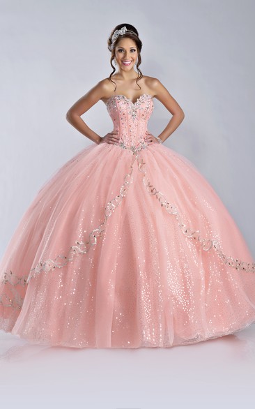 Sequin Embellished Sweetheart Ball Gown With Lace-Up Back