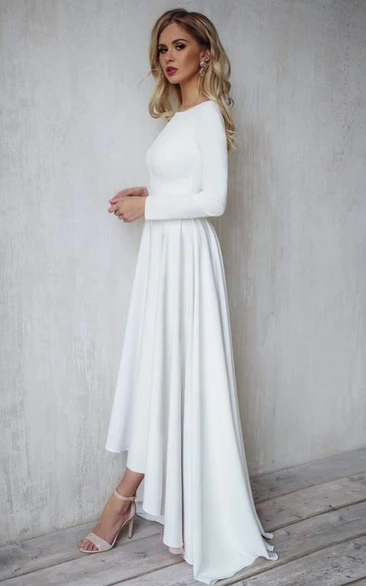 Satin Bateau A Line Long Sleeve High-Low Open Back Wedding Dress