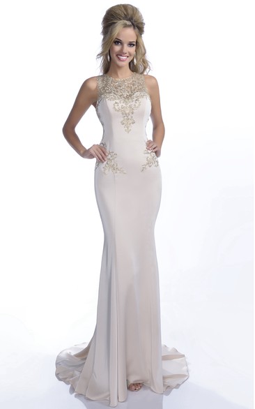 Column Jersey Sleeveless Form-Fitted Prom Dress With Jeweled Appliques And Keyhole Back