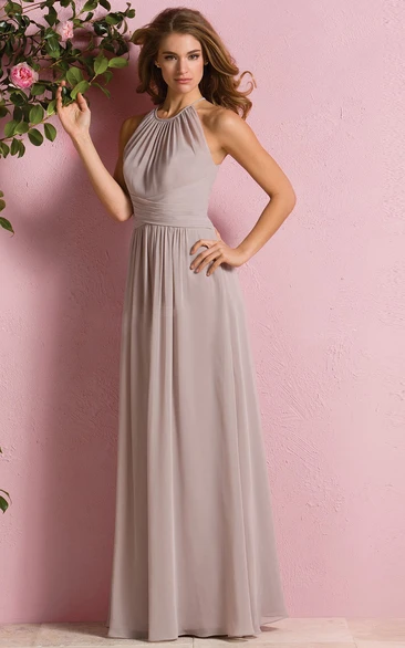 High-Neck Long A-Line Gown With Pleats And Keyhole Back