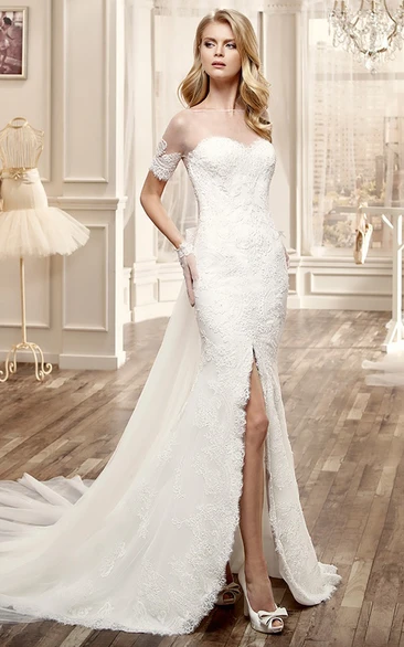 Side-Split Lace Long Wedding Dress With T-Shirt Sleeve Back Bow