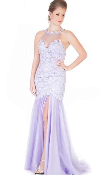Maxi Mermaid Appliqued High Neck Sleeveless Tulle Prom Dress