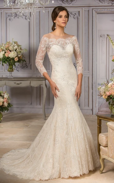 3-4 Sleeved Mermaid Wedding Gown With Appliques And Illusion Back