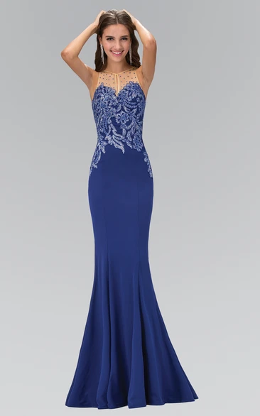 Sheath Scoop-Neck Sleeveless Jersey Illusion Dress With Beading And Appliques