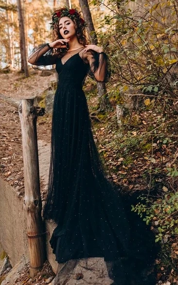 V-neck A-line Satin Spaghetti Unique Black Mesh Illusion Long Sleeve Wedding Gown with Sequins