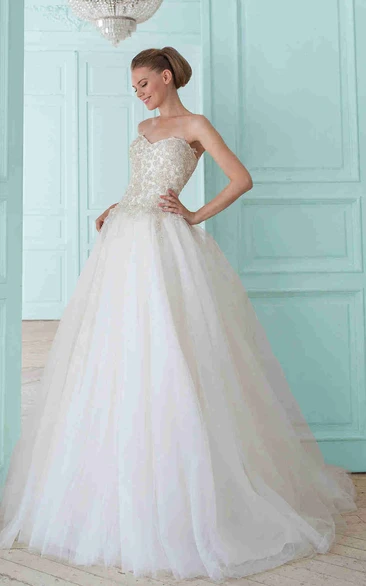 Ball Gown Long Sweetheart Tulle Wedding Dress With Beading And Corset Back