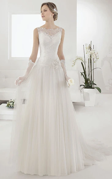 Illusion Bateau Neck Drop Waist Pleated A-line Gown With Waist Flower