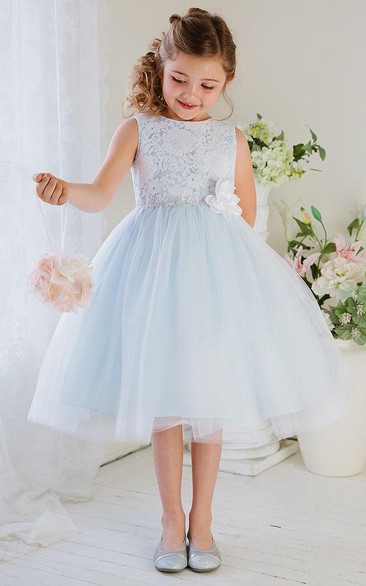 Floral Tea-Length Tiered Tulle&Lace Flower Girl Dress