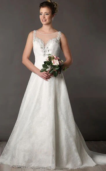 Jewel Neckline A-Line Lace Bridal Gown With Pearls