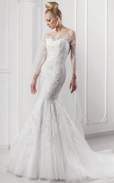 Mermaid Appliqued Bateau Neck Long Sleeve Lace Wedding Dress